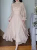 Повседневные платья розовое шифоновое винтажное сладкое платье Женщины A-Line France Elegant Party Midi платье женское корейское платье в стиле лето 230327