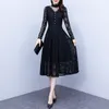 Casual Dresses 2023 Autumn Solid Black Lace Dress Female Slim and Thin Temperament Hollow Long Sleeve Mid-Length kjol Party Evening Evening