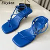Summer New Fashion Blue Women Sandal Thin High Heel Narrow Band Gladiator Pumps Square Toe Dress Shoes 230306