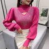 Women's Blouses Shirts Long Bishop Sleeve Hollow Diamonds Sweater 2022 New Women Autumn Half High Collar Slim Fashion Solid Color Bottomed Shirt Y2303