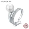 Bandringar Anomokay Real 100 925 Sterling Silver Elegant Round Pearl Finger Rings for Women Jubileum Engagement 925 Geometric Jewelry Z0327