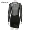 Casual Dresses Hovanch Solid Mesh Stitched Hollow Out O-Neck Sexy Miniskirt 2023 Winter Fashion Party Club Dress