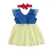 Meisje jurken baby prinses jurk v-hals ruches bowknot mouwloze gelaagde tule zoete hoofdband 0-24m