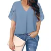 Women's Blouses Women V Neck Chiffon Plain Color Blouse Pleated Womens Short Sleeved Shirts Dressy Tops Cotton Button Shirt For