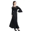 Scene Wear Female Ballroom Dance Dress Bell Sleeve Waltz Dancing National Tango Competition Expansion Kjol Red Black 9023