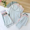 Women's Sleepwear 3 Pieces Pyjamas Women 100% Cotton Short Sleeves Ladies Pajama Set Shorts Solid Japanese Simple Sleepwear Homewear Pijamas Mujer 230328