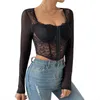 Dames t-shirt herfst zomer kanten crop tops dames vierkante nek lange mouw mesh patchwork hollow out blouse mode vintage buckle corset zwart p230328