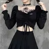 Women's TShirt Goth Black Long Sleeve Corset Crop Top Aesthetic Sexy VNeck Velvet Lace Mesh TShirts Y2K Harajuku Vintage Fashion Tops 230328