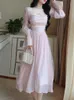 Casual Dresses Elegant Evening Party Midi Dress Women Bubble Sleeve French Vintage Sweet Dress Female Pink Korean Style Fairy Dress Autumn 230327