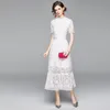 Casual Dresses Summer Women High Quality Elegant Slim Hollow Out A-Line Lace Midi Dress Vestidos Green White Pink 230327