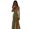 Plus Size S-3XL Women Party Dresses 2023 Spring New Bra Shrink Pleated Split Satin kjol Slim Wrap Hip Sexig klänning för damer