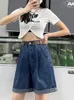 Damenshorts DFRCAEG Sommer-Denim-Shorts für Frauen, weites Bein, plissiert, lockere blaue Jeans mit Gürtel, koreanischer Stil, Streetwear, Bermuda-Shorts 230328