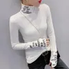 Maglietta da donna Camicia a maniche lunghe bianca nera Donna Lettere stampate Femme Elastico Harajuku collo alto donna Cotone 230328