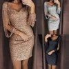 Casual Dresses Fashion Sexy Women v Ncek Solid Tassel Sequined Glitter Stitching Shining Club Sheath Long Sleeved Mini Dress for Female 230327