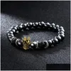 Beaded 8Mm Black Hematite And Volcanic Stone Men Bracelet For Women Crown Male Hand Chain Bracelets Lovers Fashion Jewelry Dro Dh1N4