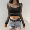 Kadın T-Shirt Kadın Seksi Fishnet kolları görüyor Üst siyah mesh o boyun yataklı Camisole Avrupa ve Amerika Bayanlar Uzun Kollu T-Shirt P230328