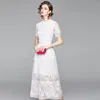 Casual Dresses Summer Women High Quality Elegant Slim Hollow Out A-Line Lace Midi Dress Vestidos Green White Pink 230327