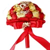 Fiori decorativi Bouquet da sposa fatti a mano Oro diamante Rosa rossa Bouquet da sposa con seta artificiale damigella d'onore W227Q