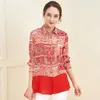 Kadın bluzları Kadın Üstler ve Kırmızı Donanma İpek Retro Çiçek Yüksek Kalitesi OL 2023 Yaz Ofis Gömlekleri Uzun Kollu Seksi Artı Boyut