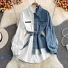 Women's Blouses Retro Denim Shirt Dress Women Spring Stitching Corduroy Lapel Autumn Waist Slim Irregular Long Belt Chic Casual Mid-length