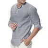 2023 été hommes coton lin Henley chemise 3/4 manches chemise décontracté respirant chemises mode été plage hauts