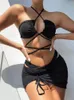 Damenbadebekleidung 3-teiliges Set Badeanzug Frauen Hohe Taille Sexy Lace Up Micro Bikini mit Rock Solid Beachwear Badeanzug 230328