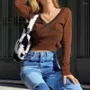 Women's T Shirts 2023 Fashion Tshirt Women Casual Autumn Spring Crop Top Brown Indie Eesthetic Y2K Knitwear Long Sleeve Pullovers Lace V