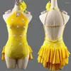 Vestido de dança latina de pica -papo Salsa Pólo Amarelo Velvet Leotard Skate Ice Concorrência Profissional Trajes BL4121