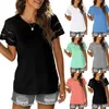 Damenblusen 2023 Frauen Sommer Spitze Patchwork Bluse Kurzarm O-Ausschnitt Lose Chemise Weibliche Modehemden Lässige Pullover Grau Weiß