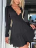 Casual Dresses Polka Dot Print Lace Trim Ruched Dress Women Sexy Plunge Long Sleeve Fleared Mini Dress 230327