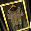 T-shirt da donna Donna Estate Prospettiva di cristallo brillante Diamanti cavi Camicie a rete Slim O-Collo Strass T-shirt Maglioni Diamanti Crop Top P230328