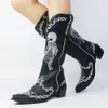 Boots Women Skull Skeleton Selfie Cowboy Western Mid Calf Boots Pointed Toe Slip-On Stacked Heel Goth Punk Autumn Shoes Brand Designer 230328