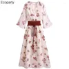 Casual Dresses 2023 Japanese Kimono Förbättra Chiffon för kvinnor Elegant V-ringning Cherry Blossom Print Söt korta ärmar Kneklänning