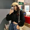 Damtröja Wanita Tidak Ada Topi Hoodie Solid Simpul Sederhana Crop Tops Pullover OLeher Kaus Puff Lengan Kasual Chic Longgar 2XL rompi Korea Fashion Style 230328