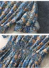 2023 Summer Blue Floral Print Paneled Chiffon Dress Kort ärm V-hals Knappar Enkelt breasted Casual Dresses M3M25B752