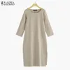 Casual Dresses Zanzea Linen Midi Dress Womens Autumn Sudress Casual Long Sleeve Split Tunic Vestidos Female Front Pocket Robe 230327