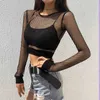 Kadın T-Shirt Kadın Seksi Fishnet kolları görüyor Üst siyah mesh o boyun yataklı Camisole Avrupa ve Amerika Bayanlar Uzun Kollu T-Shirt P230328