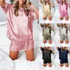 Dames slaapkleding zomer vrouwen sexy mode ronde nek korte mouw stevige kleuren satijnen pocket t-shirt shorts pyjama set tweedelige slaapkleding#g3 230328