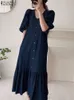 Casual Dresses Vintage Denim Blue Women Shirt Ruffle Dress ZANZEA Summer Fashion Short Sleeve Maxi Robe Oversized Casual V Neck A Line Sundress 230327