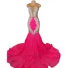Sexy Hot Pink Evening Dresses Cut Out Sequin Prom Gowns 2022 Beaded Appliques Top Black Girls Long Cocktail Dress