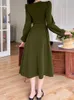 Casual Dresses Elegant Puff Sleeve Women Dress Vintage Square Collar Corsets Folds Ladies A-Line Midi Dresses Spring Summer Female Vestido 230327