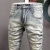 Pantaloni da uomo Streetwear Moda Jeans Retro Giallo Blu Elastico Slim Fit Strappato Ricamo Designer Hip Hop Denim Hombre 230328