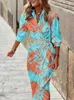 Casual Dresses Spring Summer Fashion Print Dress Blus Neck Tie Mid Length Randed Kirt Casual Bekväma Street Women's Wear Dresses Robe 230327