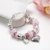 Fashion Sterling Silver Murano Lampwork Glass & Pink Flower European Charm Beads Love Heart Dangle Fits Pandora Charm Bracelets & Necklace