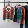 Kadın Yelekler Şık Vintage Argyle Sweater Yelek Kadınlar İçin Sonbahar Kış Kazak Hit Renk Örgü Yelek Kolsuz Jecket Gilet Femme 230328