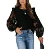 Blusas femininas camisas mulheres moda malha de retalhos redonda blusa de manga comprida renda preta falbala transparente bolha de flores pulôver diariamente l