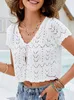 Mode-Maillots de bain pour femmes Femmes Crop Cardigan Col en V Manches Courtes Évider Festonné Tricoté Casual Tops Holiday Cardigans Beach TopsWomen's