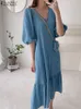 Casual Dresses Vintage Denim Blue Women Shirt Ruffle Dress ZANZEA Summer Fashion Short Sleeve Maxi Robe Oversized Casual V Neck A Line Sundress 230327