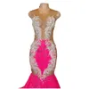 Sexy Hot Pink Evening Dresses Cut Out Sequin Prom Gowns 2022 Beaded Appliques Top Black Girls Long Cocktail Dress