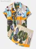 Herrspårar Mens Hawaiian Shorts Shorts Tropical Turtle Leaf Print Beach Short Sleeve Swim Vacation Outfits Set Two Pieces Beachwear W0328